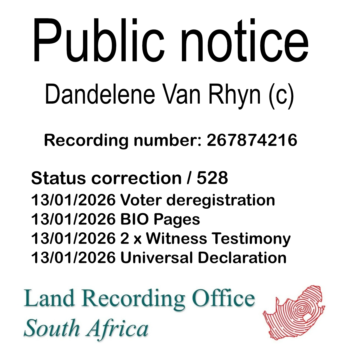 Public notice Dandelene Van Rhyn Recording number 267874216